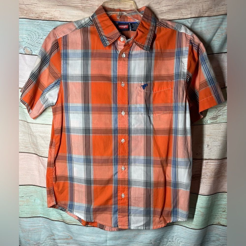 🔥❤️🔥 Wrangler Classic Orange & Blue Plaid Short Sleeve Boys XXLarge 18 S…
